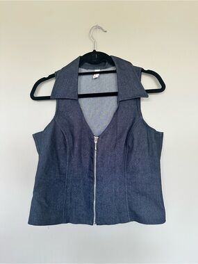 Sleeveless Zip-Front Denim Inspired Vest in Dark Blue